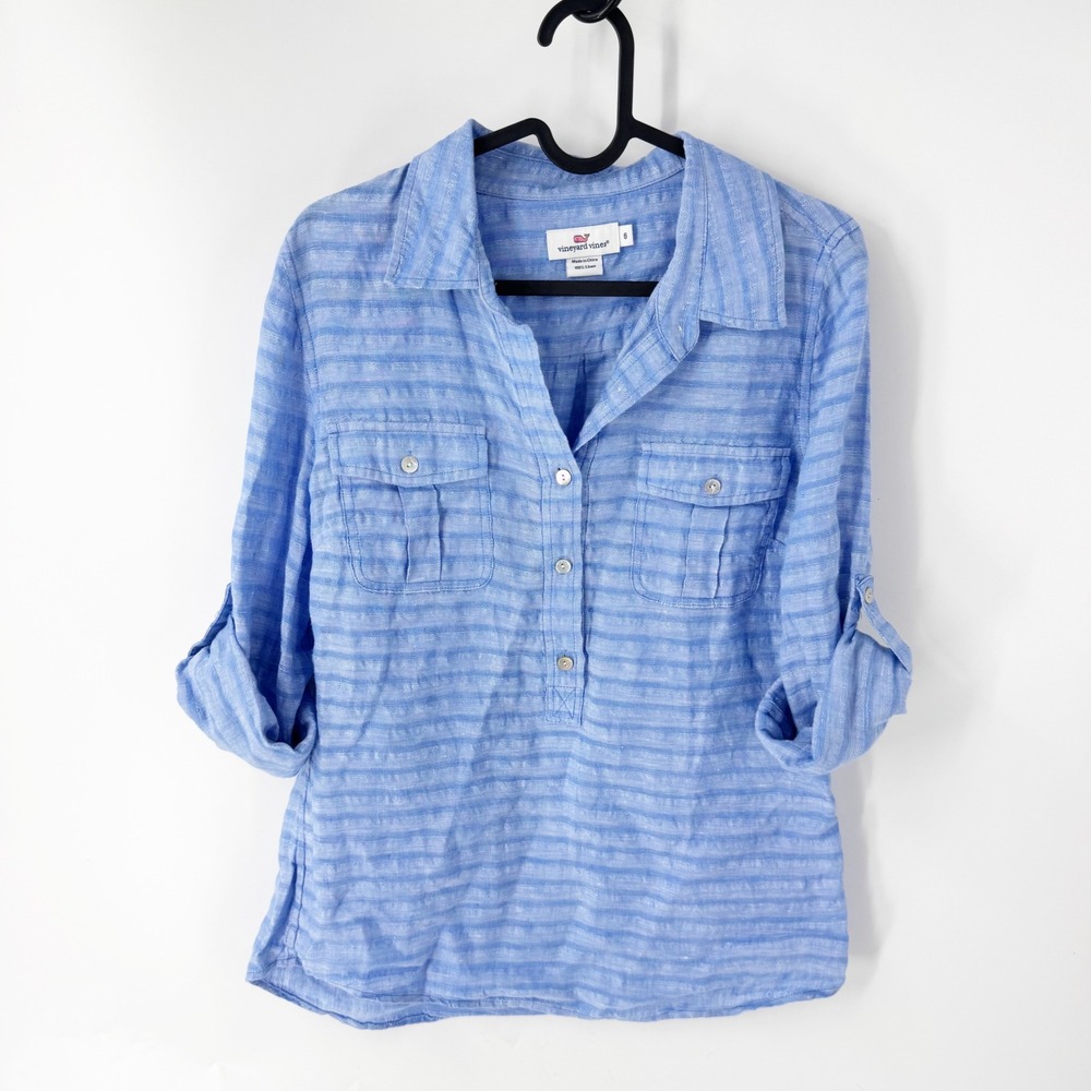 Vineyard Vines Womens 6 Blue Striped 100% Linen Roll Tab Button Down Shirt 2W055
